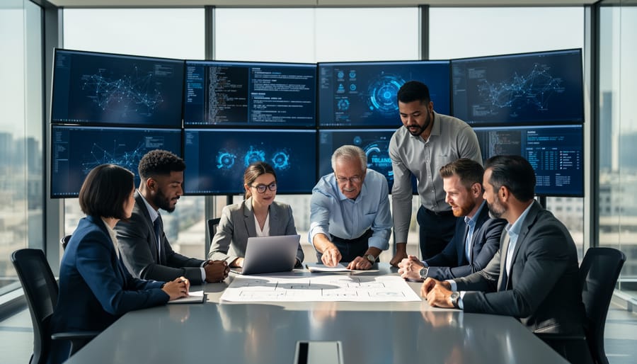 Team of cybersecurity professionals collaborating on AI security implementation