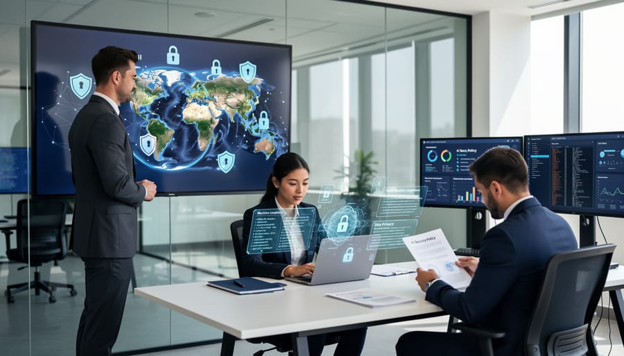 Business team collaborating on AI security and privacy strategies in modern office setting