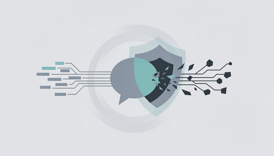 Person working on laptop with holographic security warning symbols projected above keyboard