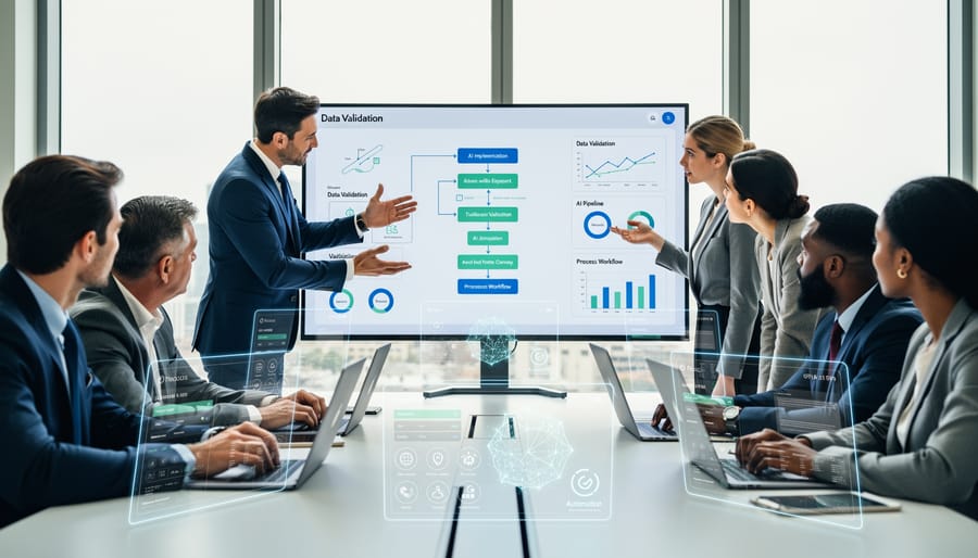 Professional team collaborating on AI project implementation in modern office setting