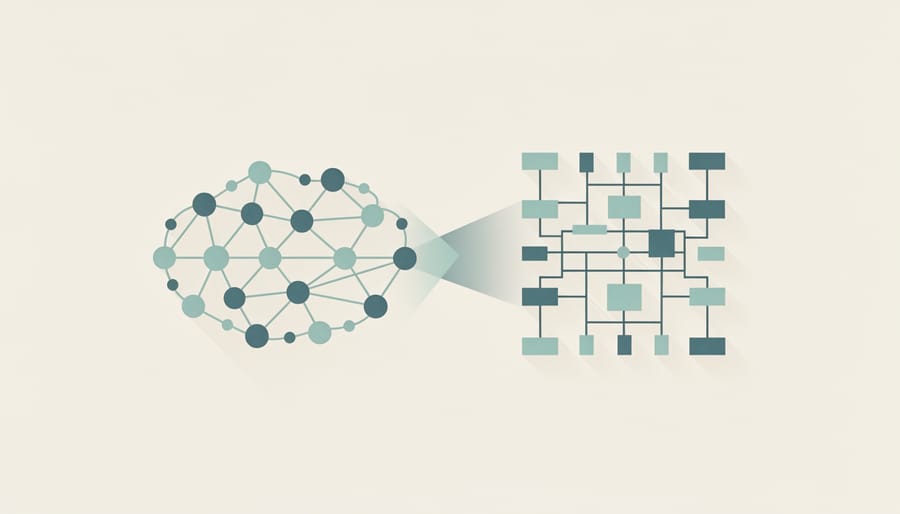 Person working on laptop with holographic neural network visualization