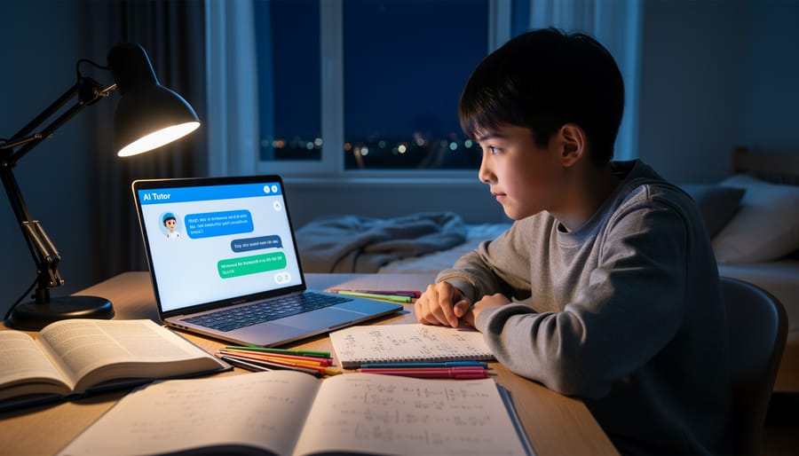Student receiving late-night homework help from AI chatbot on laptop