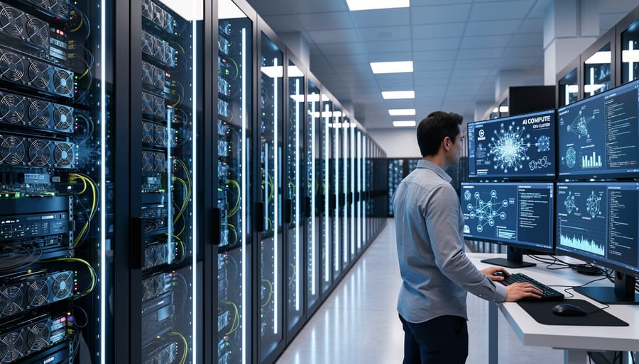 Rows of GPU servers with LED lights in modern data center