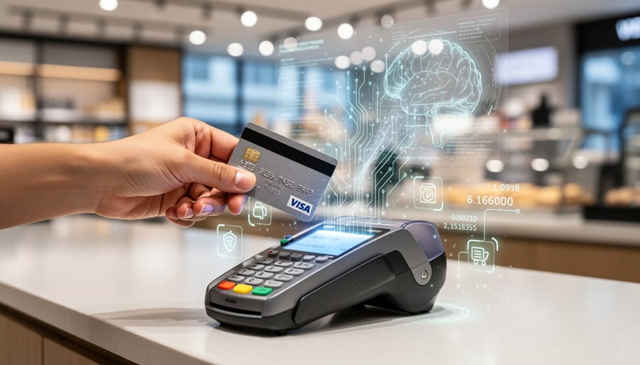 Credit card hovering over contactless payment terminal during transaction