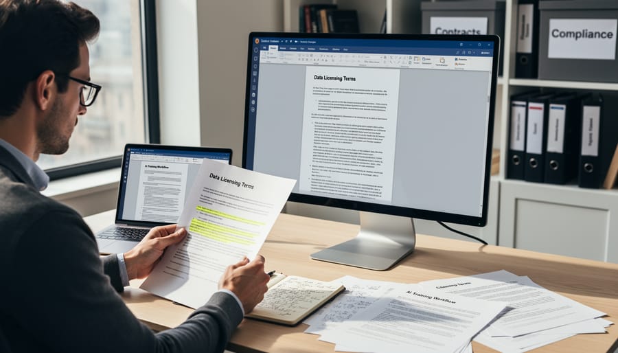 Business professional examining legal document with magnifying glass on office desk