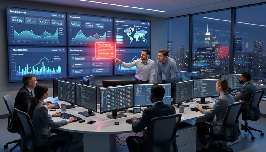 Security team monitoring AI fraud detection systems in financial operations center