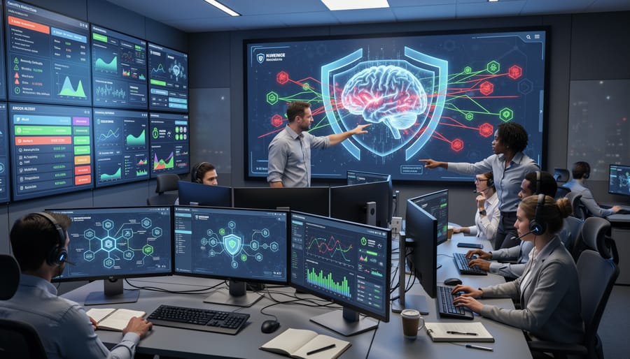 Security operations center showing real-time monitoring of AI systems
