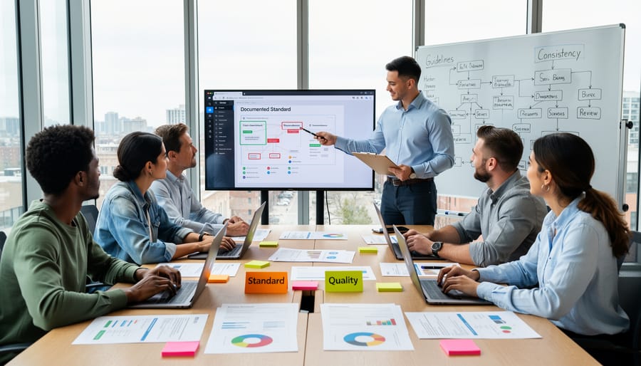 Overhead view of collaborative team working on data annotation tasks at shared workspace