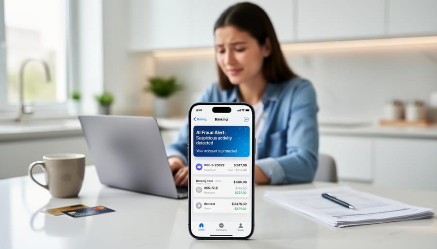 Person holding smartphone showing secure mobile banking app with security notification