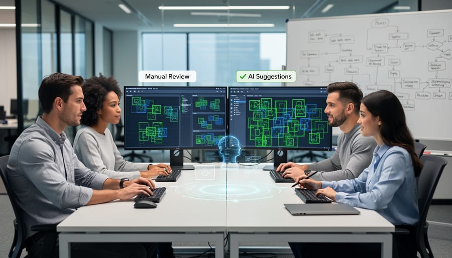 Advanced technology workspace showing AI-assisted data labeling tools and equipment