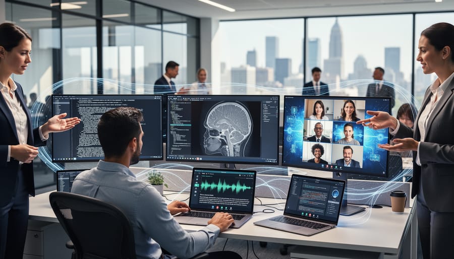 Business professionals interacting with advanced AI interfaces showing multiple data types