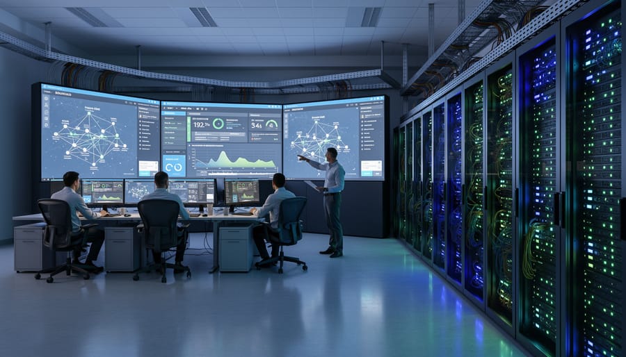 Data center server racks with glowing blue LED lights showing modern network infrastructure