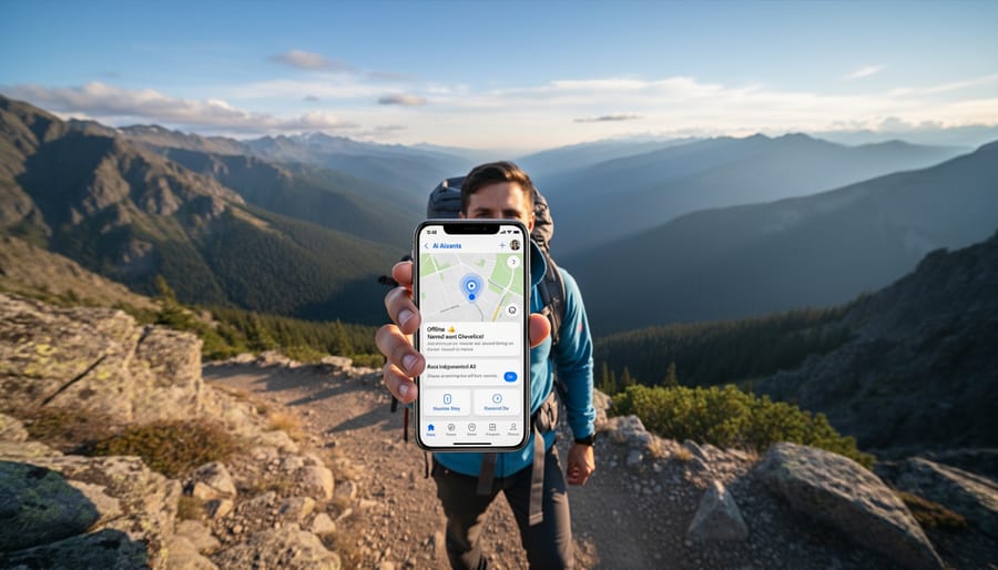 Person working on laptop in remote mountain wilderness without internet access