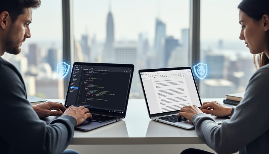 Person working on laptop using on-device AI for coding and writing tasks