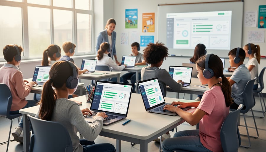 Elementary students using tablets for personalized AI-assisted learning in modern classroom