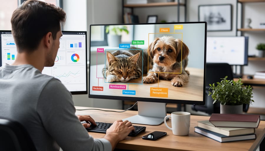 Smartphone showing image recognition app identifying a golden retriever dog