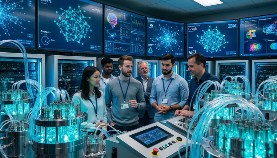 Scientist working with quantum computer hardware in research laboratory