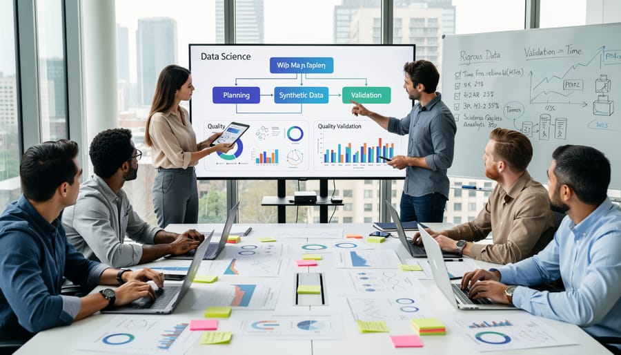 Development team collaborating on synthetic data project in modern office environment