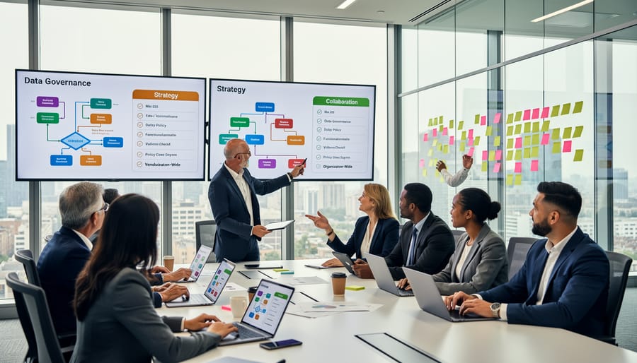 Diverse business team collaborating on data strategy in modern office setting