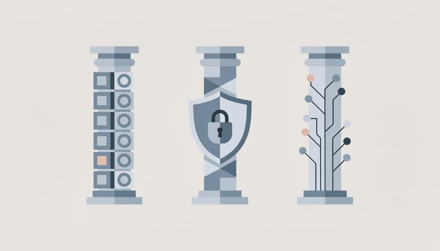 Three architectural pillars supporting modern structure against sky