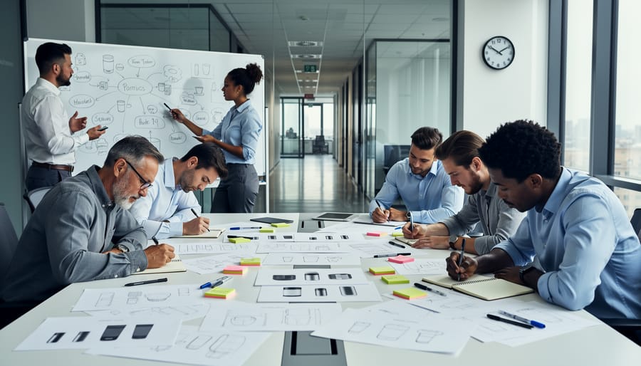 Business team collaborating at whiteboard covered with sticky notes during product development session