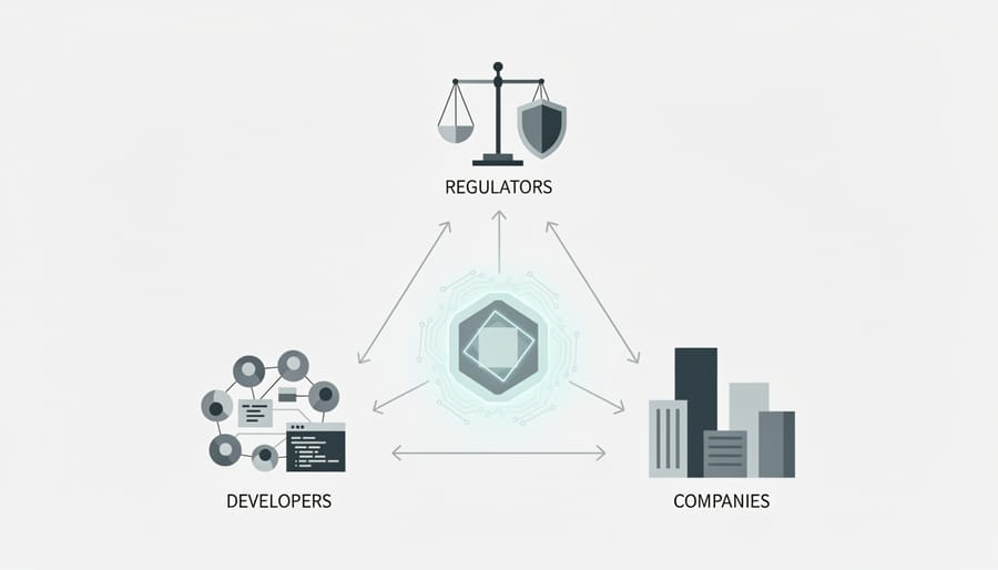 Three professionals in separate spotlights representing different AI accountability stakeholders