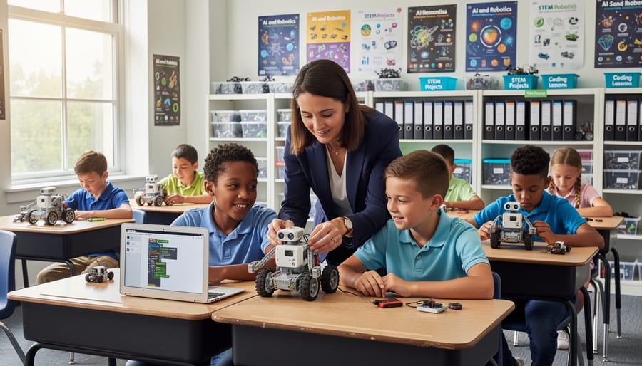 Teacher demonstrating robotics and AI concepts to engaged students in modern classroom
