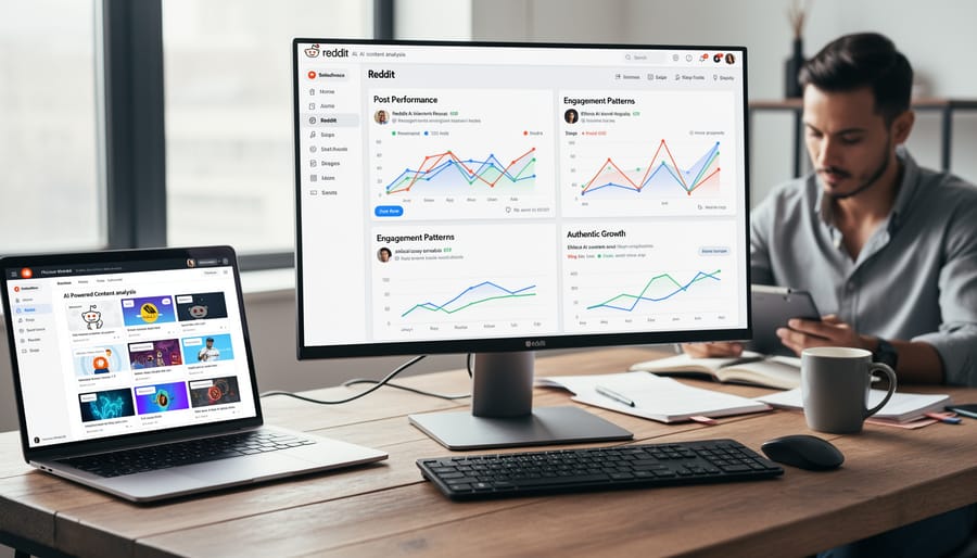Developer working with AI analytics tools to optimize Reddit content strategy