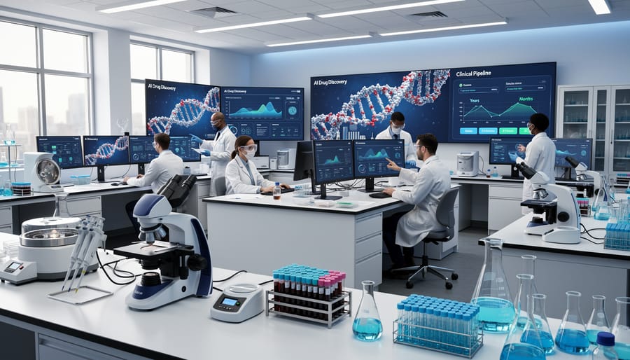 Modern pharmaceutical laboratory with automated equipment and robotic systems