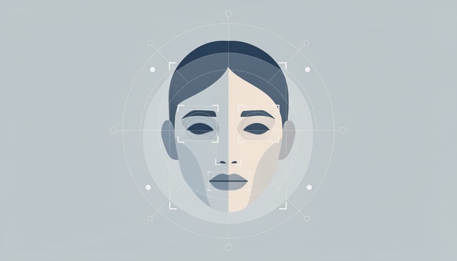 Close-up of person's face with digital facial recognition overlay points showing emotion detection technology