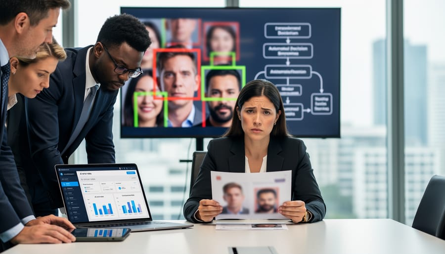 Person holding smartphone with facial recognition interface next to legal documents