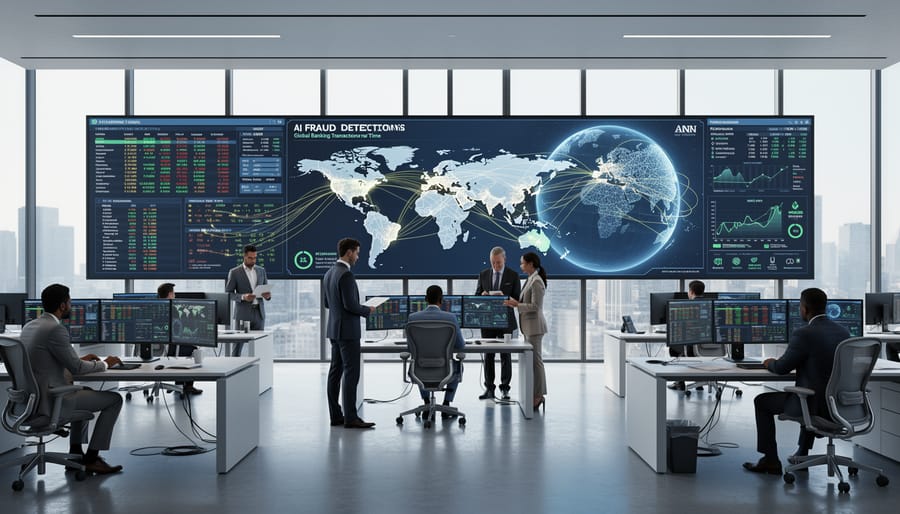 Modern data center server room with illuminated equipment processing banking transactions