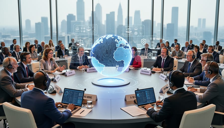 Diverse group of professionals in serious discussion about AI governance and policy