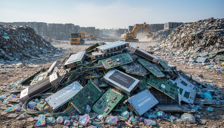Discarded GPU circuit boards and computer chips representing electronic waste from AI infrastructure