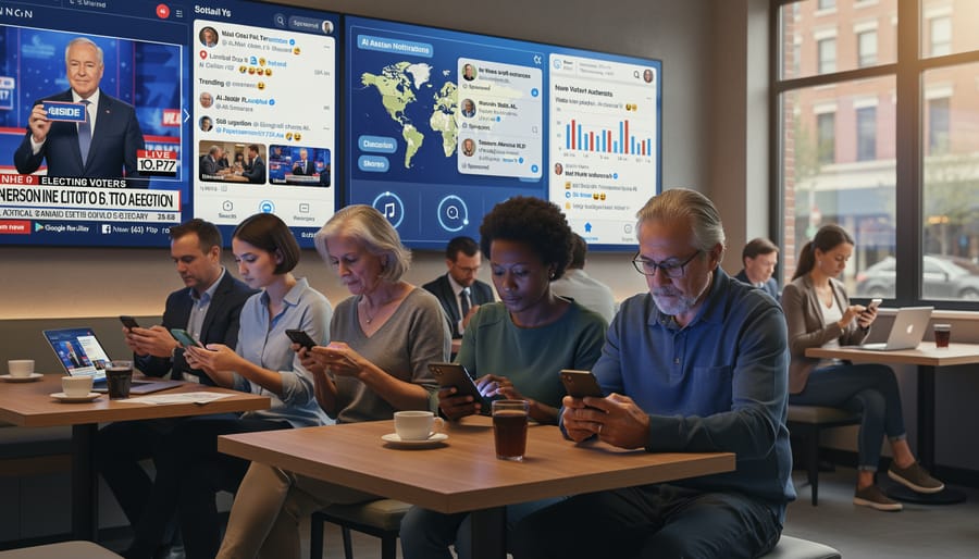 Voters checking smartphones in polling location with concerned expressions
