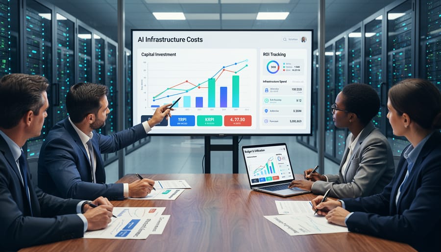 Modern data center server room with blue illuminated equipment racks