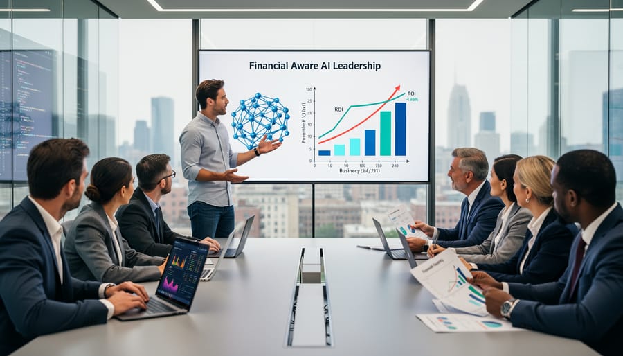 Business leader presenting to engaged team members in modern office environment