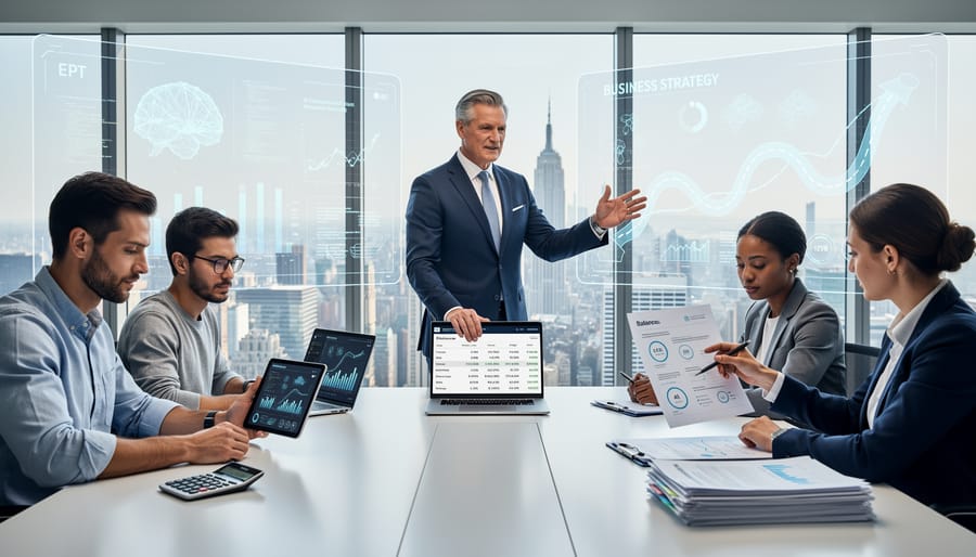 Business professionals collaborating over financial documents in modern office setting