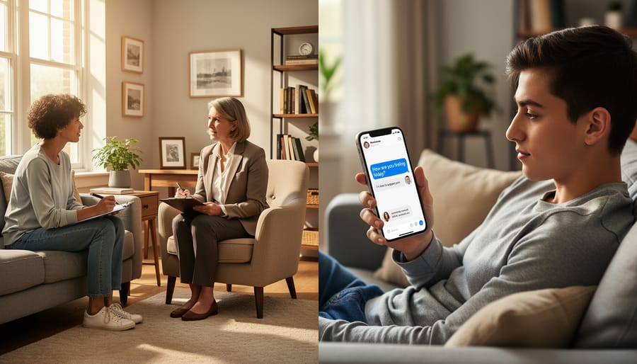 Person using smartphone therapy chatbot application for mental health support