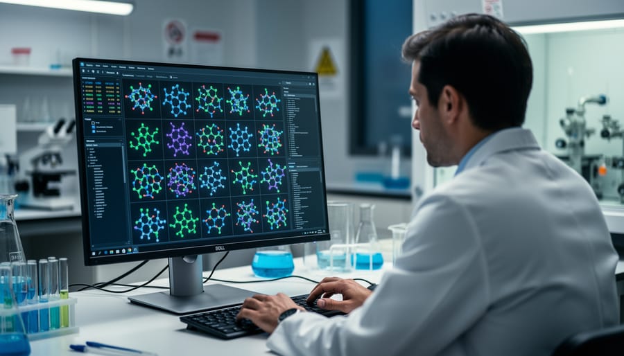 Petri dish with colorful chemical compounds representing AI-generated molecular designs