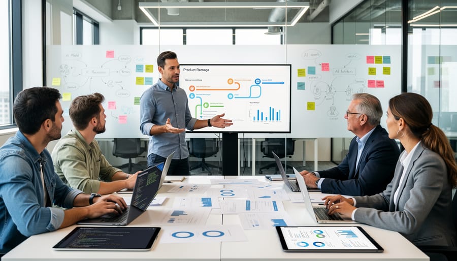 Diverse business team collaborating around laptop in modern office environment