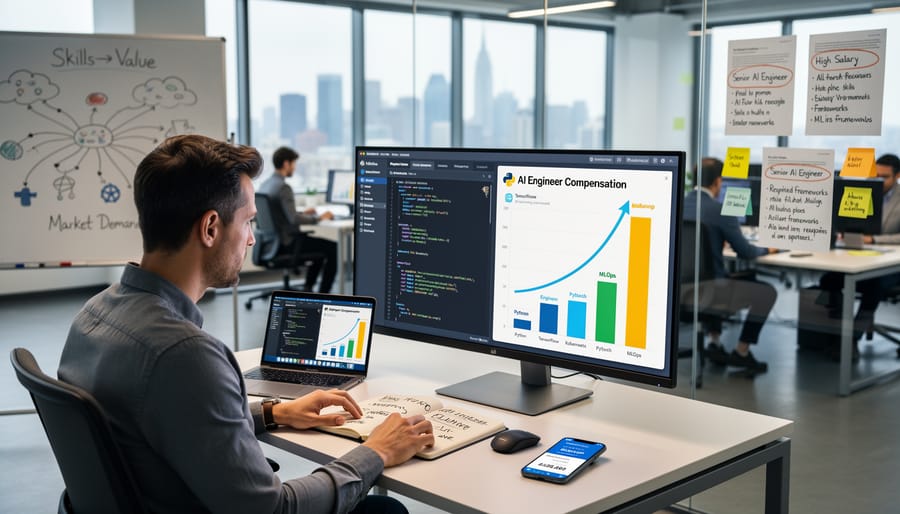 Developer typing code on laptop with AI programming frameworks on screen