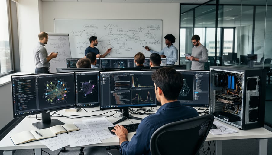 AI researcher working at computer with code and machine learning visualizations on dual monitors