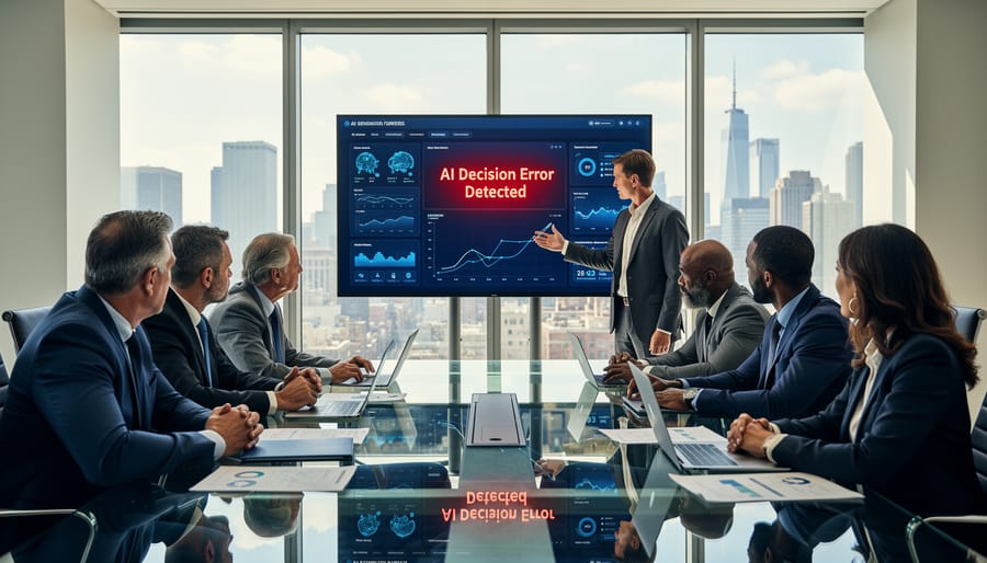 Business professionals looking concerned while reviewing AI system error on laptop