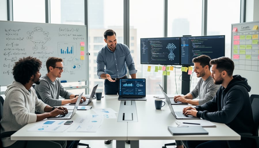 Diverse team members collaborating on AI project with laptop and notebooks