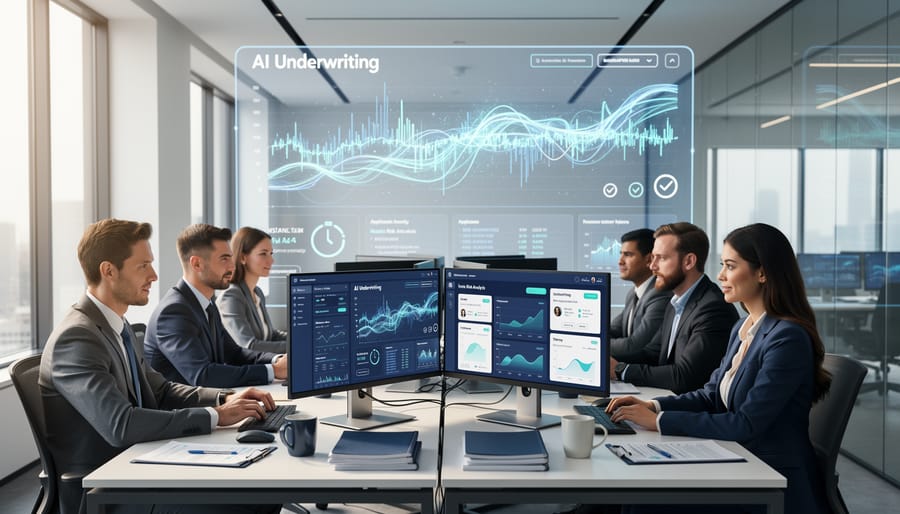 Professional working with AI analytics system on laptop