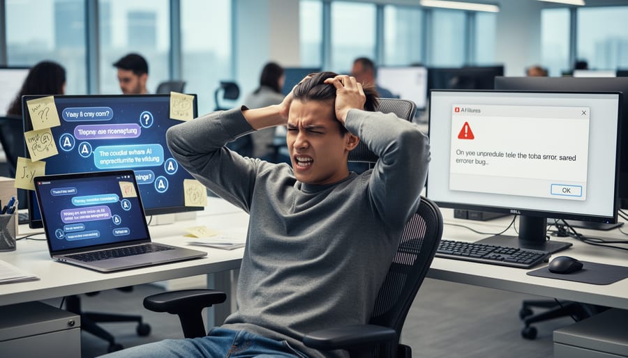 Person looking confused while using smartphone with AI interface