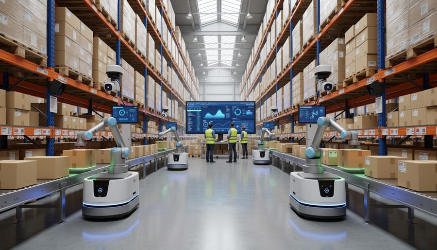 Robotic arm sorting packages on automated warehouse conveyor system