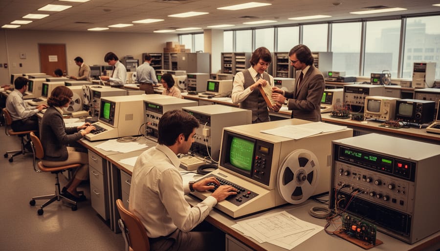 Vintage computer punch cards and mechanical calculator on desk representing 1970s computing technology