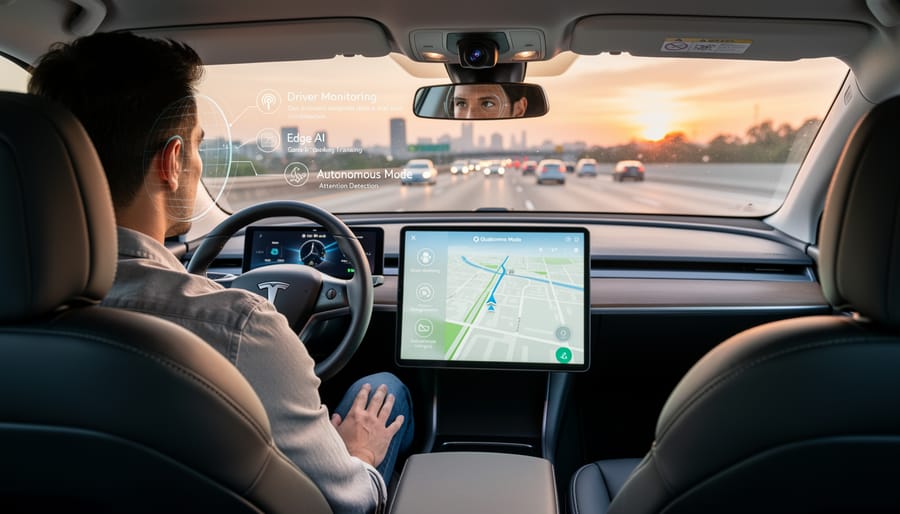 Modern vehicle interior showing AI-powered driver assistance and monitoring systems